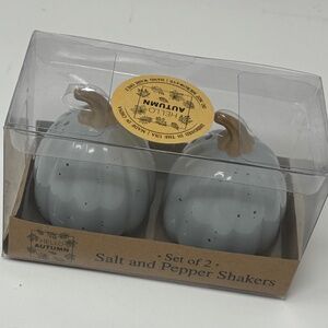 Hello Autumn Ceramic Salt and Pepper Set Squash Pumpkin Gray with Black Specks